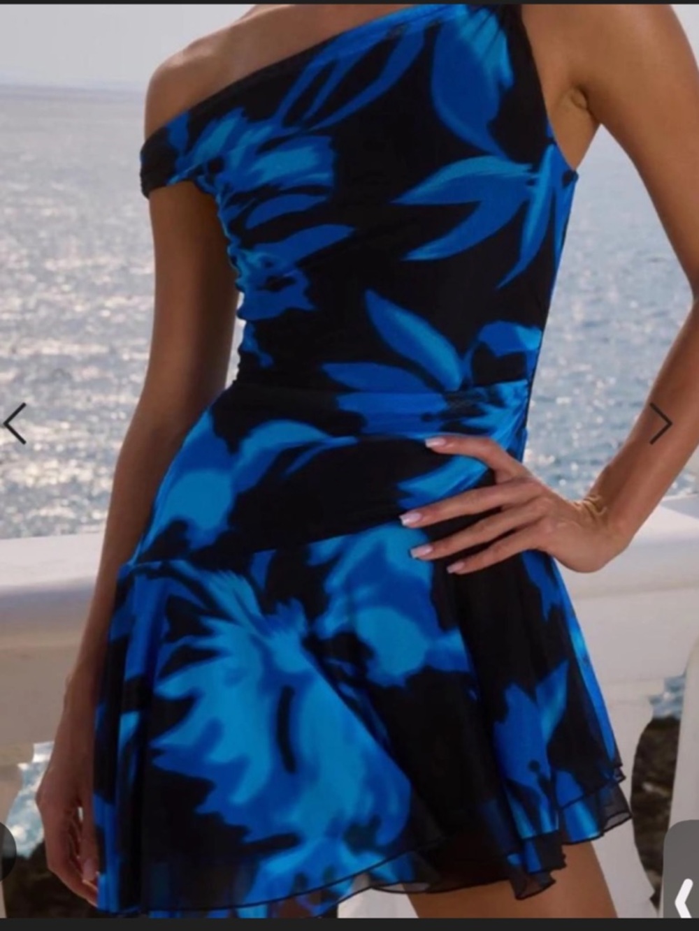 One-Shoulder Blue Floral Skater Dress